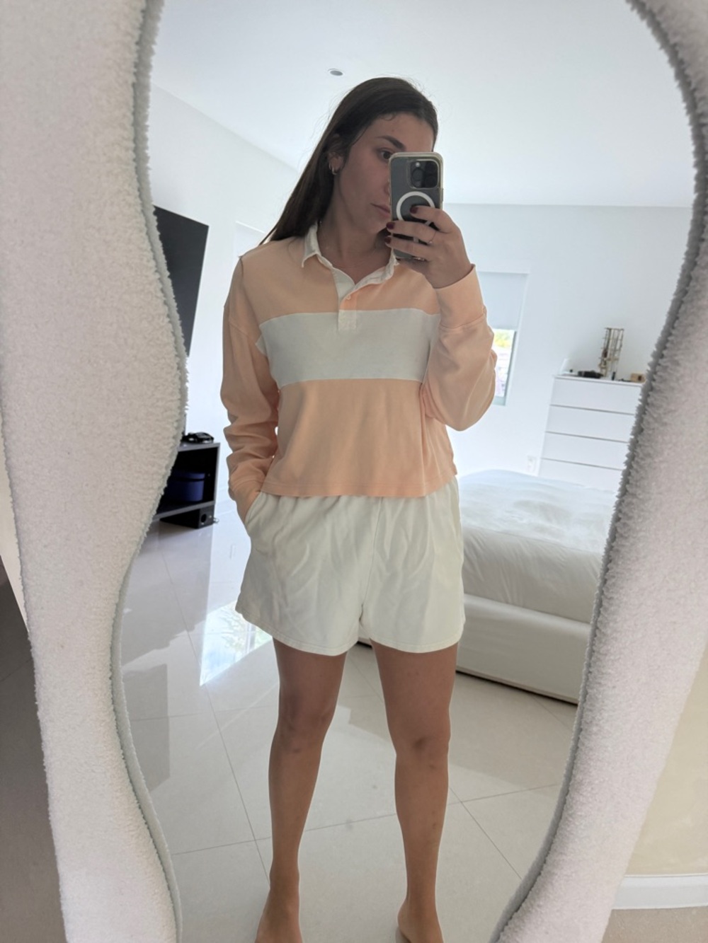 Outdoor Voices Peach and Cream Long Sleeve Polo Top & shorts set